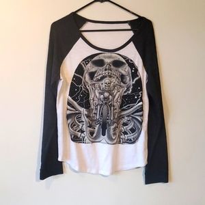 Baseball shirt custom with vintage motorcycle harley skull patch